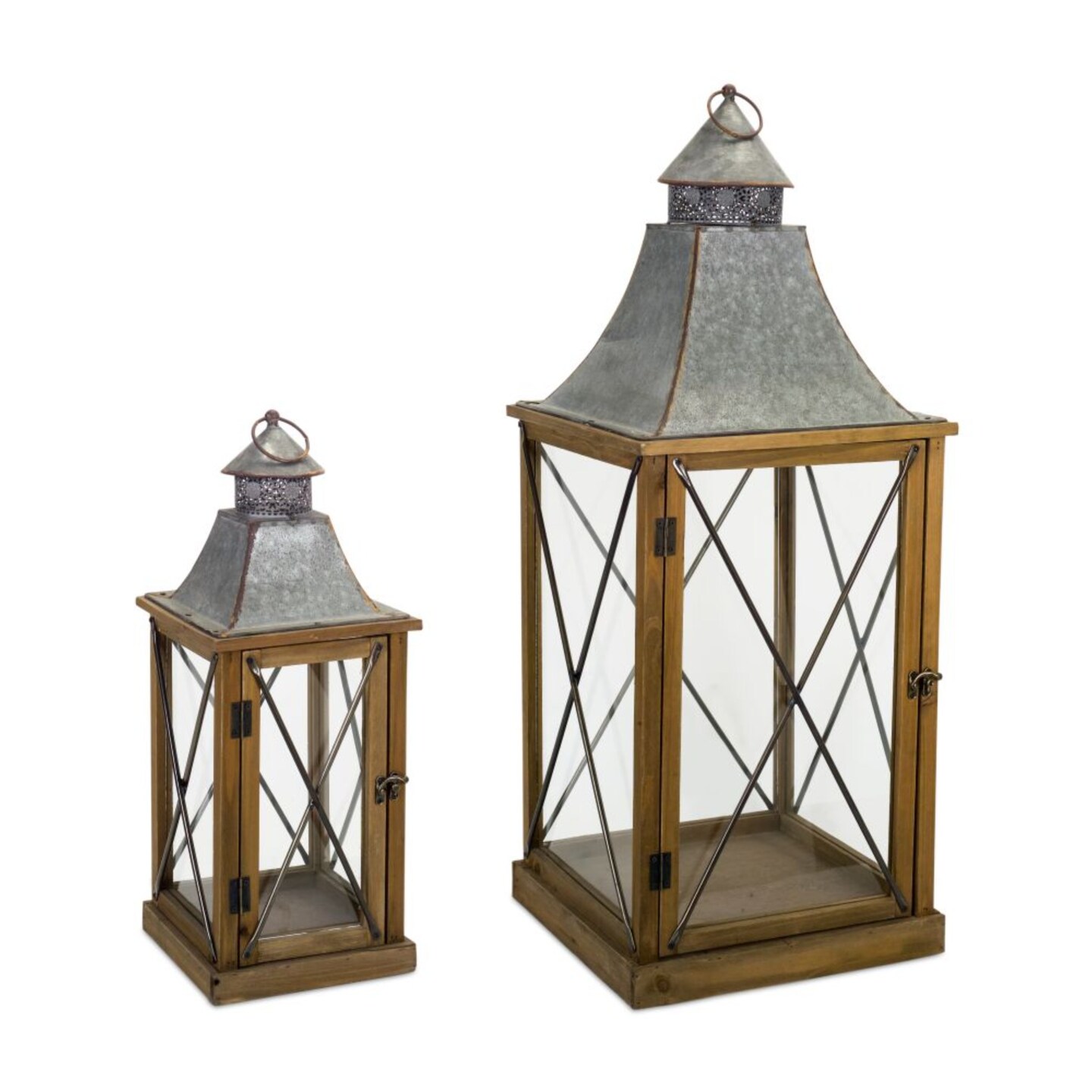 Melrose Wooden Candle Lanterns with Handle - 33.5&#x22; - Gray and Brown - Set of 2