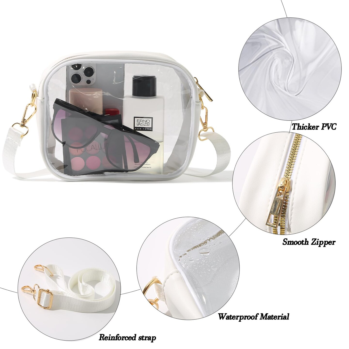 Clear Purse Crossbody Bag for Women Stadium Approved, Small Leather Clear Bag with Adjustable Strap for Concert Sports Events (White)