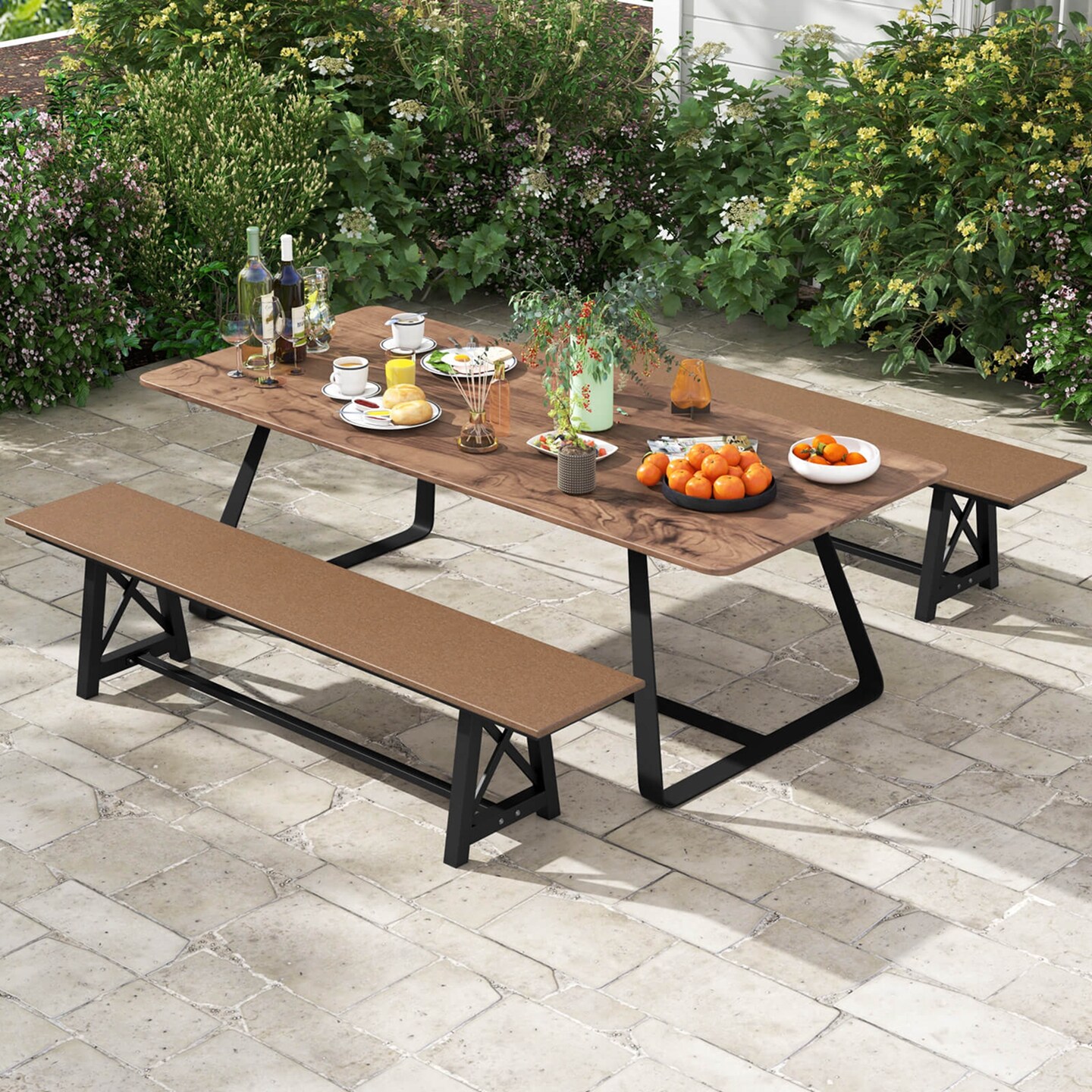 Costway 1/2 PCS Patio 72 &#x22; Extra Long Bench Outdoor Long Chair for 4 Weatherproof HDPE Seat Brown