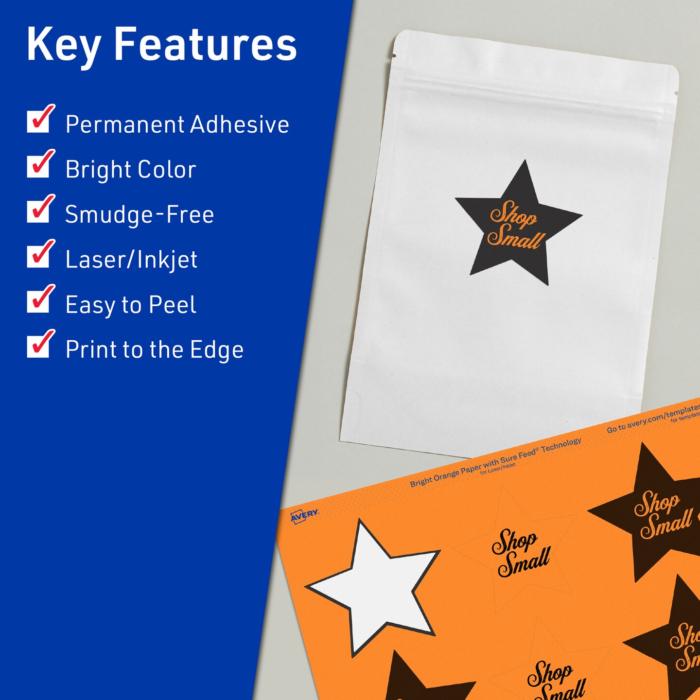 Avery Bright Orange Paper Labels, 2-1/4&#x22; x 2-3/8&#x22; Star