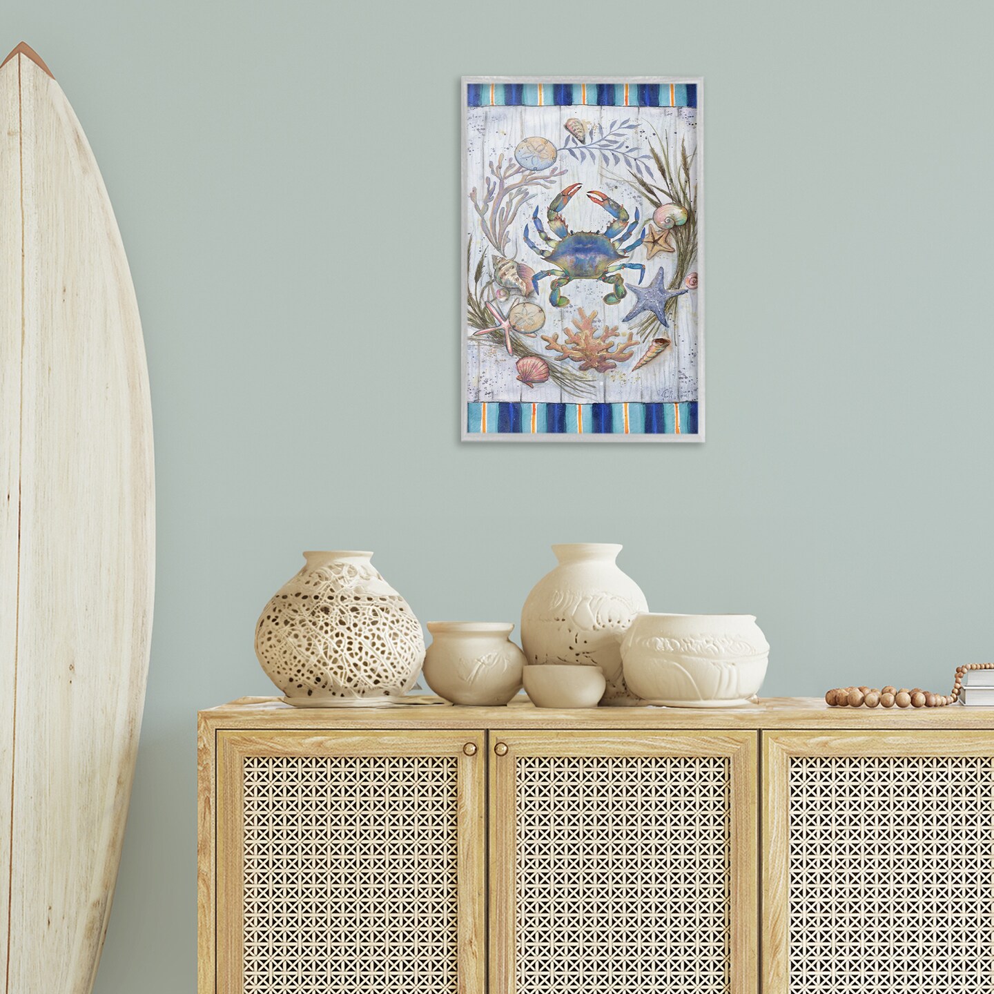 Stupell Industries Coastal Wreath & Crab Framed Giclee Wall Art Design by Geoff Allen
