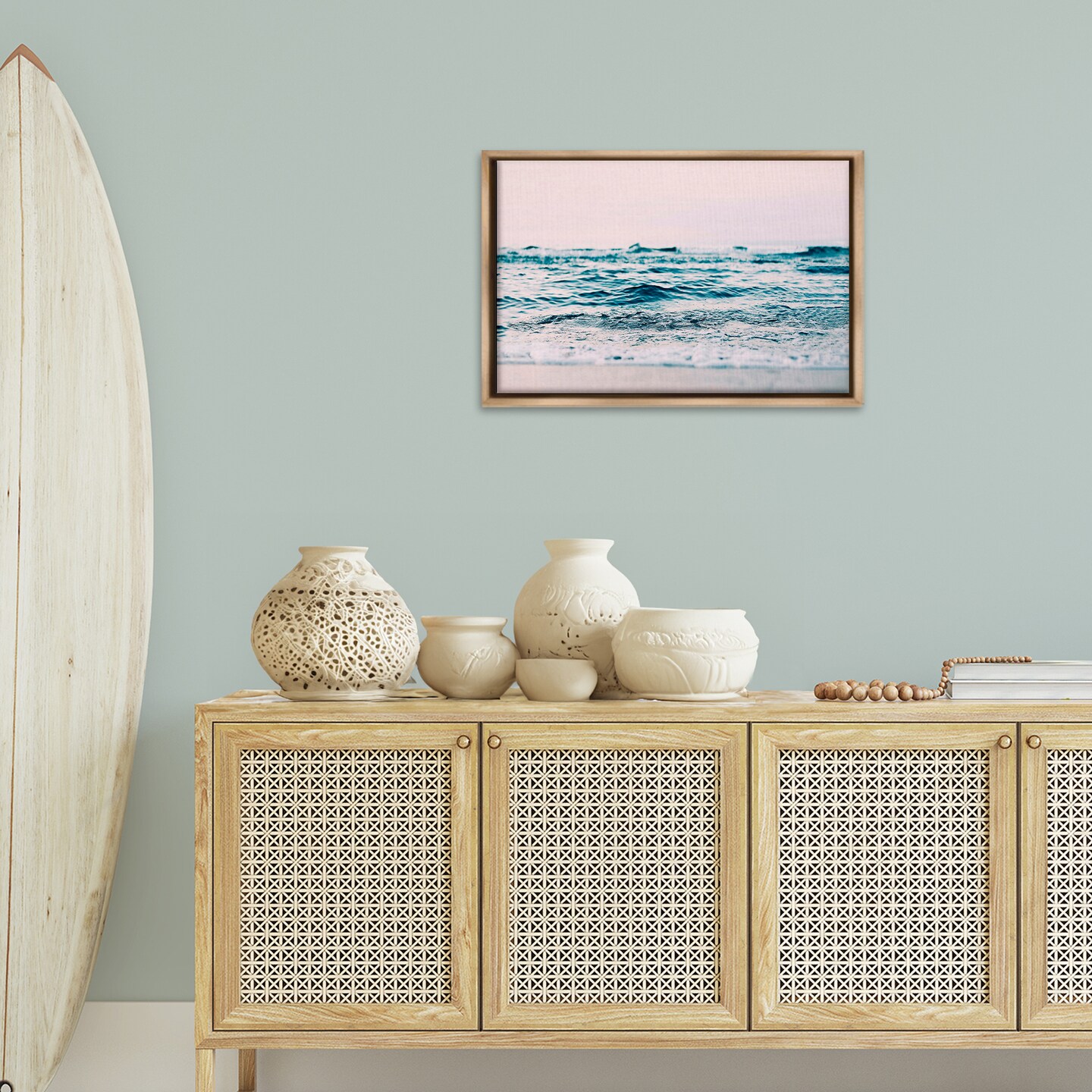 Stupell Industries Ocean Wave Blush Framed Floater Canvas Wall Art Design by Sisi and Seb