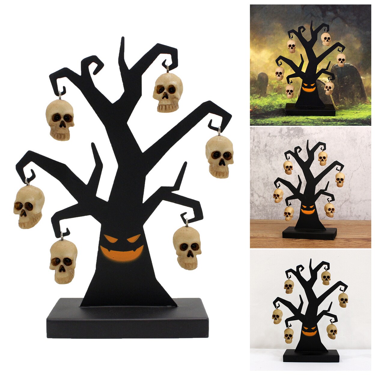 Halloween Small Tree Decoration Black Twig Tree With 6 Skull Ornaments Spooky Metal Skeleton Tree Desktop Figurine For