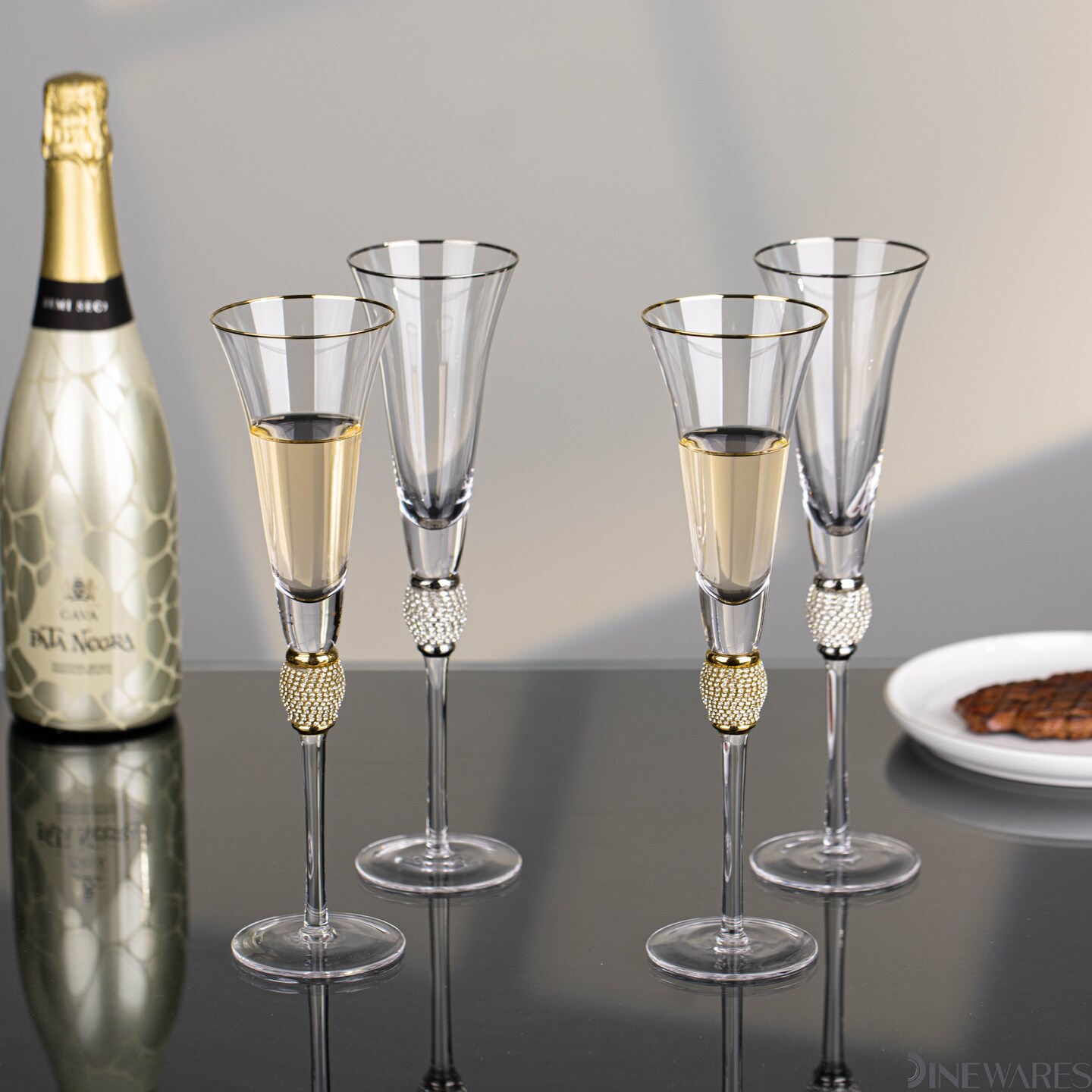 Elegant Crystal Set Wedding Champagne Glasses with Diamond Rhinestone Accents and a Polished Rim - 11 in Tall with Slender Long Stems, 7 oz - Chic Toasting Set for the Bride and Groom