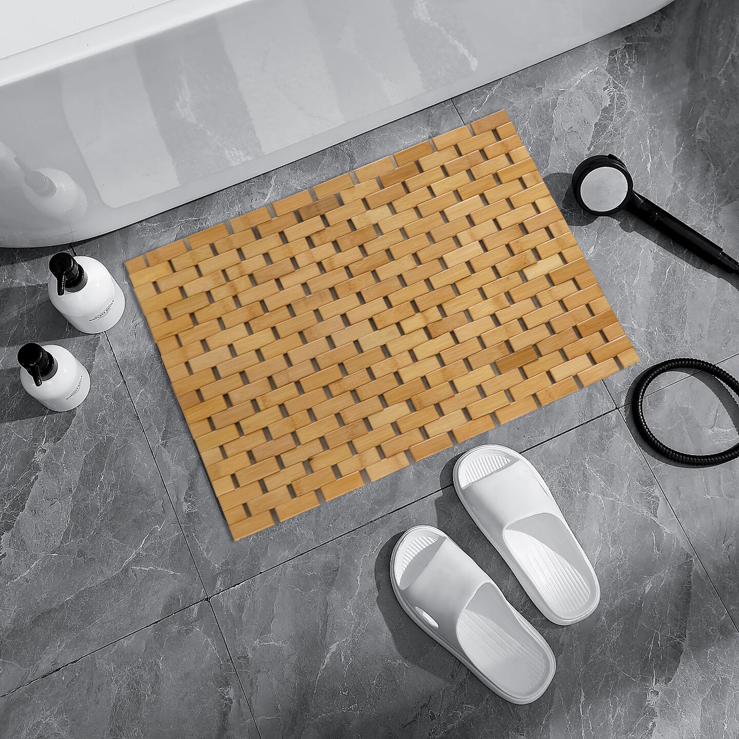Basicwise Foldable Bamboo Bathroom Mat - Non-Slip Design for Showers, Bathtubs, Spas, and Pools - Providing Comfort, Quick Drying, and a Practical Accessory and Decorative Element for Your Home