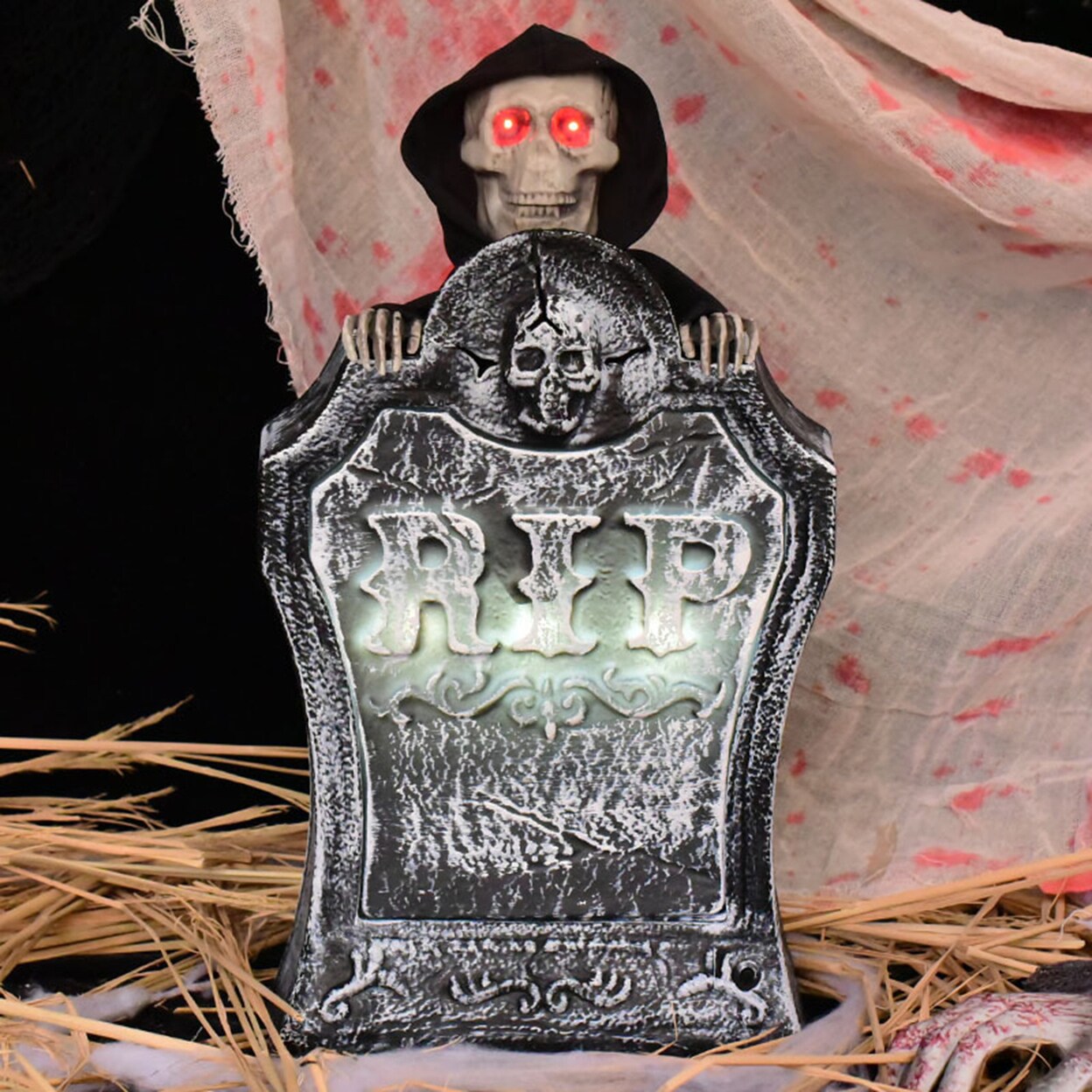 Halloween Electric Rip Tombstone Spooky Light Up Red Eyes Sound-Activated Movable Skull Haunted House Garden Yard Decor