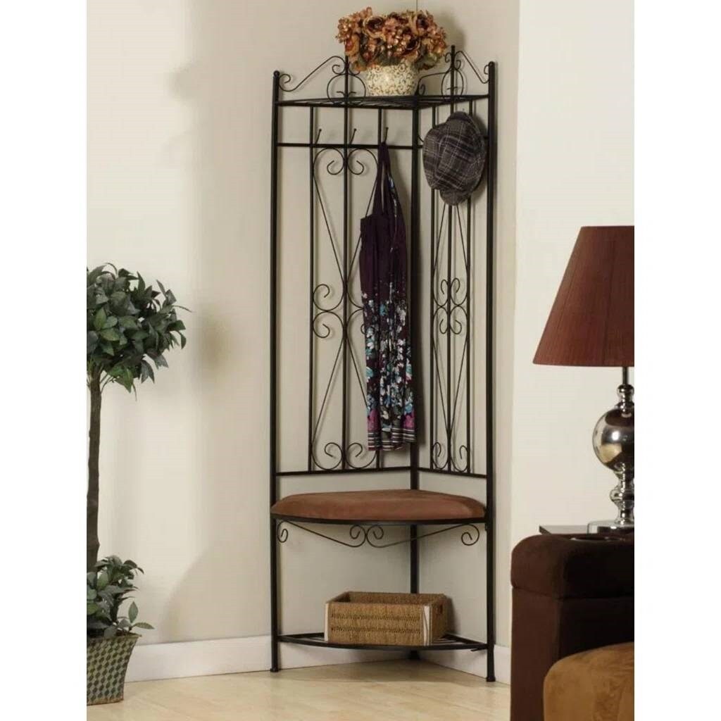 Black Corner Hall Tree with Storage Bench, 6 Hooks and Metal Frame for Entryway Organization