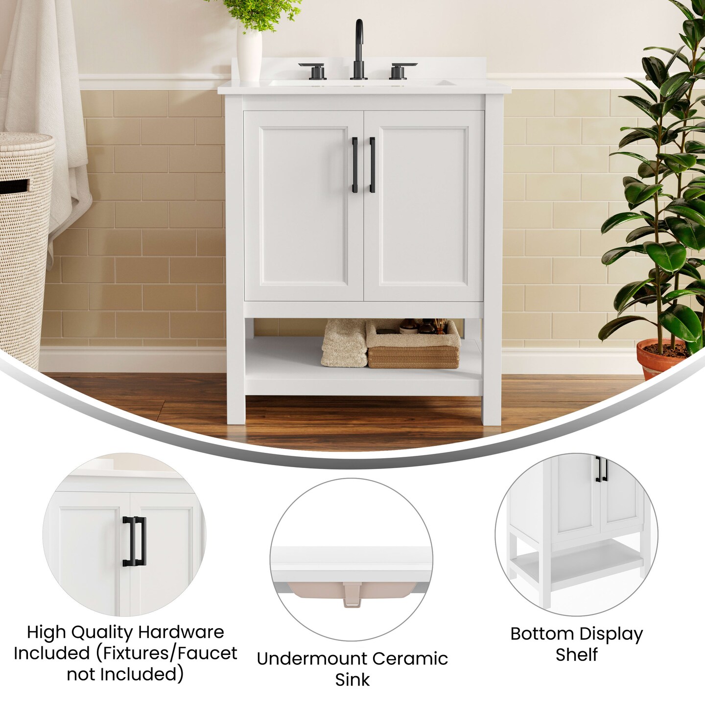 Merrick Lane Vigo Bathroom Vanity with Ceramic Sink, Carrara Marble Finish Countertop, Storage Cabinet with Soft Close Doors and Open Shelf