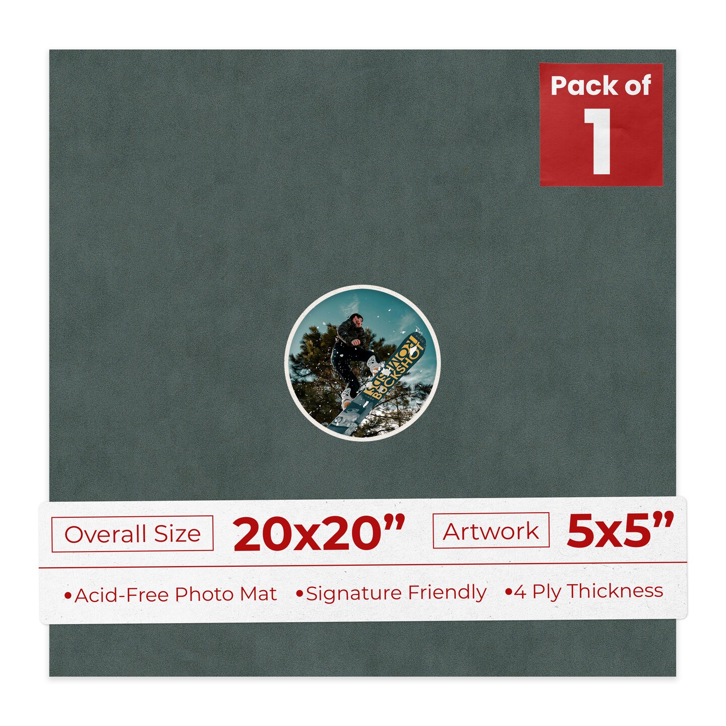 Dark Grey Suede Mat Board for 20x20 Frames - Circle Opening for 5x5 Photos