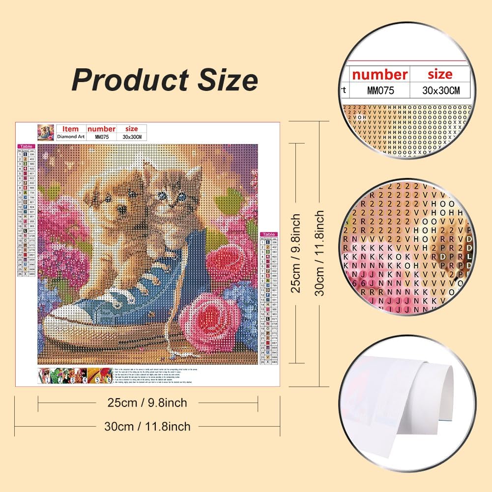 5D DIY Diamond Painting Kit Dog and Cat Animal Diamond Art Full Drill Crystal Rhinestone Painting Kits for Adults Beginners 12x12 Inch Home Wall Decor Flower Gift