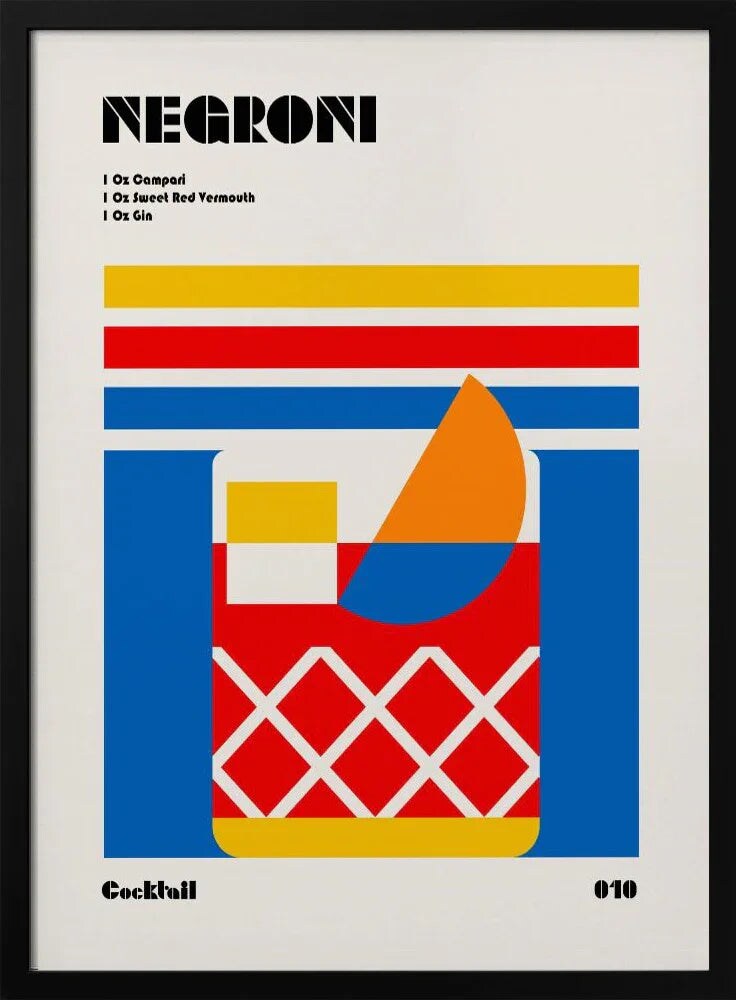 Negroni Bauhaus Cocktail Art - Framed 24x36 Retro Print for Home or Office Decor