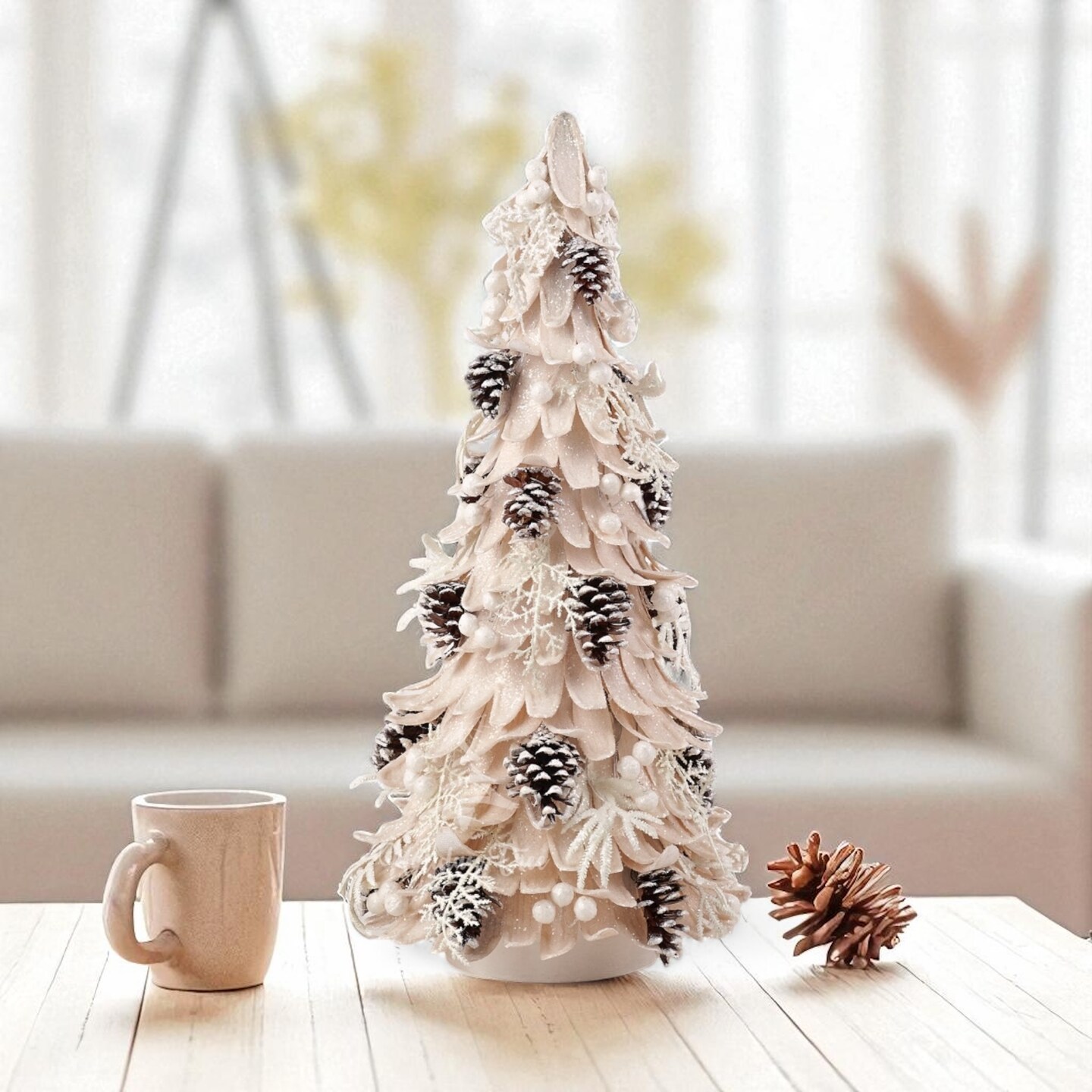 Tabletop Tree Christmas - Natural Woodcurl Tree W/ Pinecones and Berries - Wood curl Petal Cone tree - Holiday Tree
