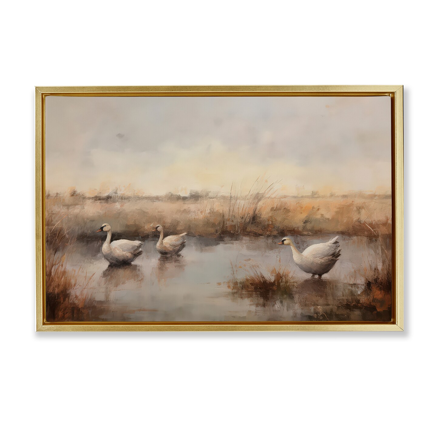 Stupell Industries Swan Family Rural Pond Framed Floater Canvas Wall Art Design by Petal Prints Design