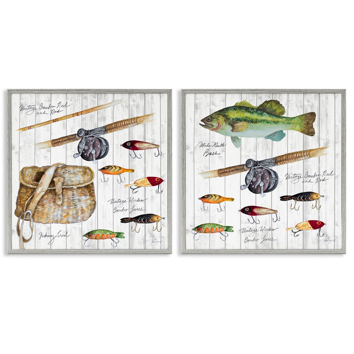 Stupell Industries Vintage Fishing Gear 2 pc Framed Giclee Wall Art Set Design by Patricia Pinto