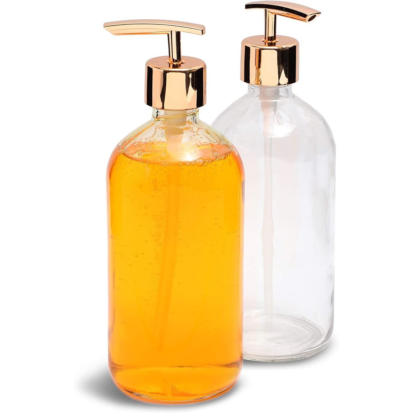 Juvale Clear Glass Soap Dispenser - Rose Gold Bottle Pump for Smooth Dispensing - Versatile Gold Bathroom Bottles for Kitchen & Bath - Stylish Bathroom Decor Accent - 16 oz, Pack of 2