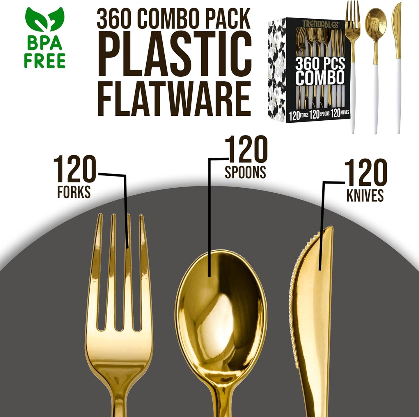Trendables Disposable Silverware Set - Wedding Plastic Cutlery Dinnerware - Includes two toned Forks, Plastic Spoons, two colored Knives - reflective Plastic Utensils Party Set