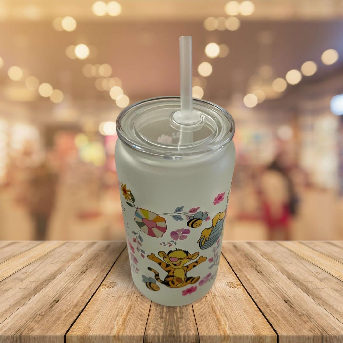 Sophisticated Sips: 16 oz Frosted Glass Can with Lid and Straw- Winnie the pooh product 5