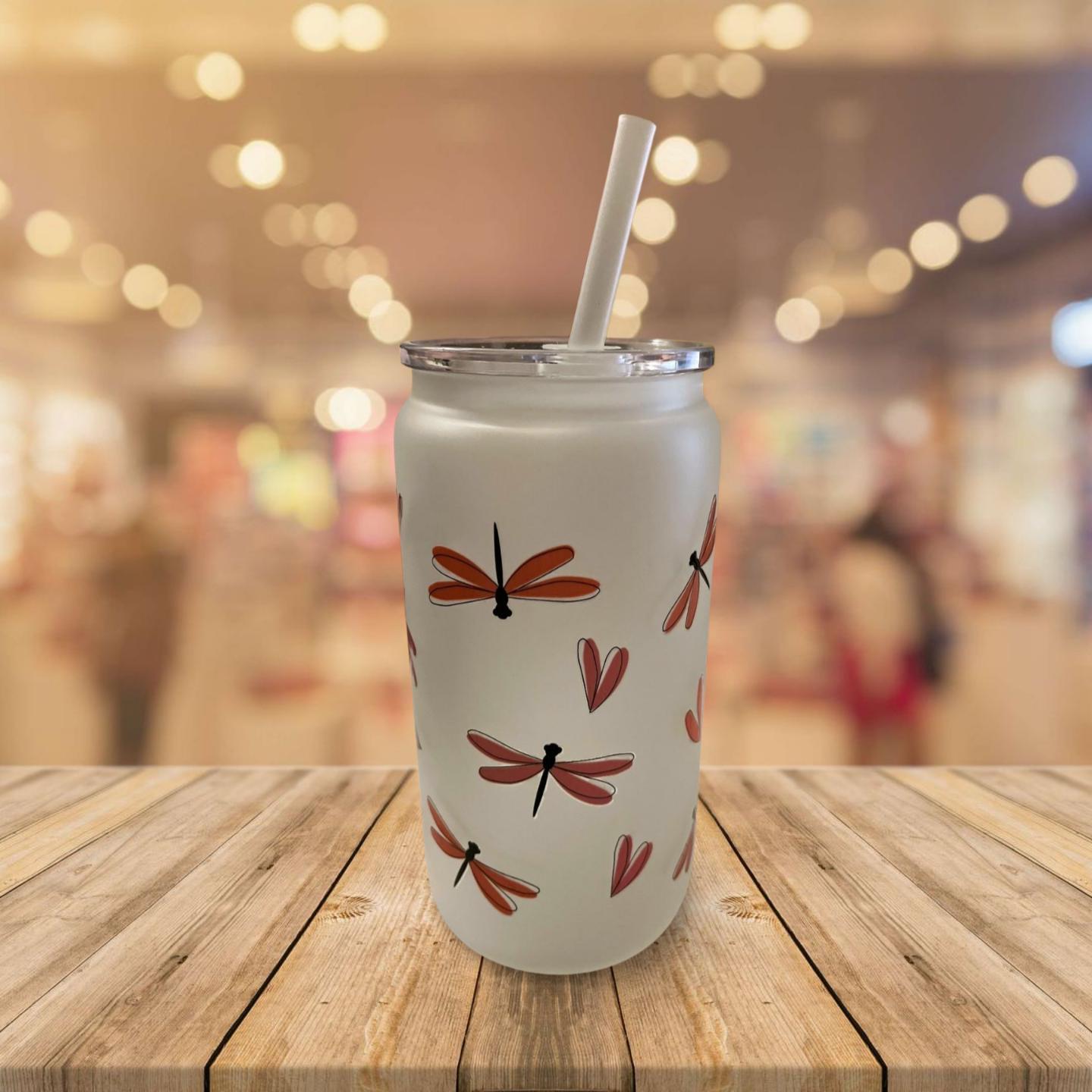 16 oz Frosted Glass Can with Acrylic lid and Straw- Dragonflies |  MakerPlace by Michaels