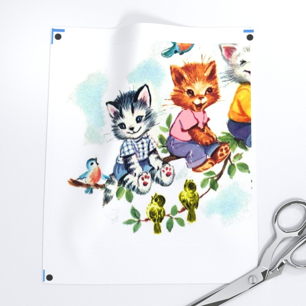 Vintage Retro Cats Kittens Birds Sky Clouds Children Nursery Trees Leaves Kids Fairy Custom Printed Fabric by Spoonflower Various Fabrics by the Yard or Fat Quarter