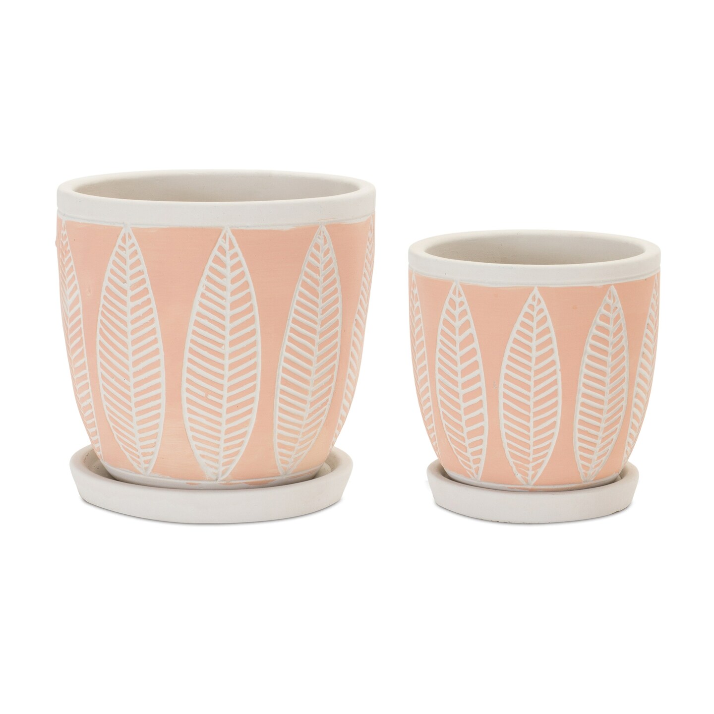 Melrose Long Leaf Stone Planters with Plate - 5&#x22; - White and Pink - Set of 2