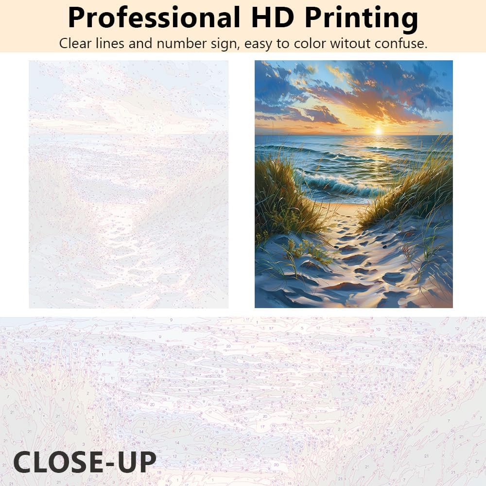 DIY Paint by Numbers for Adults - Beach Scene with Sunrise, Abstract Canvas Wall Art, 16x20 Inch