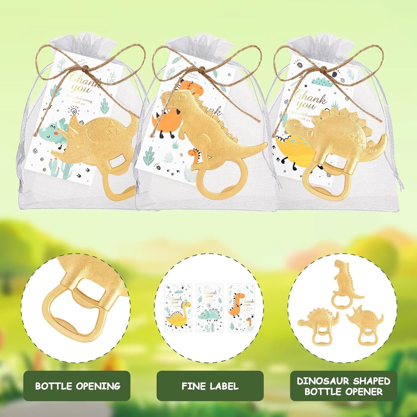 30 Dinosaur Bottle Openers – Baby Shower Decor with Thank You Tags