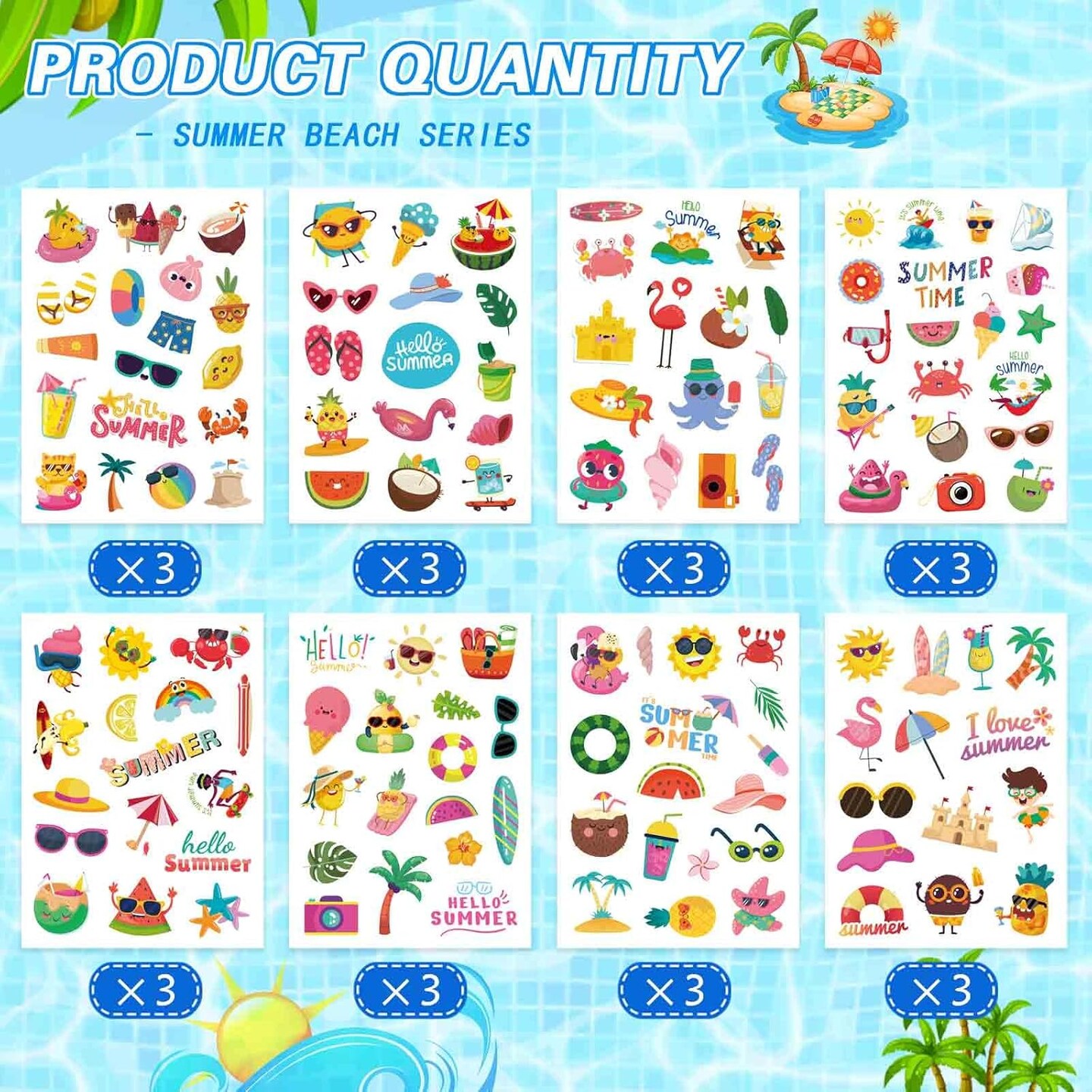 24 Sheets Summer Stickers Pool Beach Luau Hawaii Sticker Sea Beach Sun Stickers