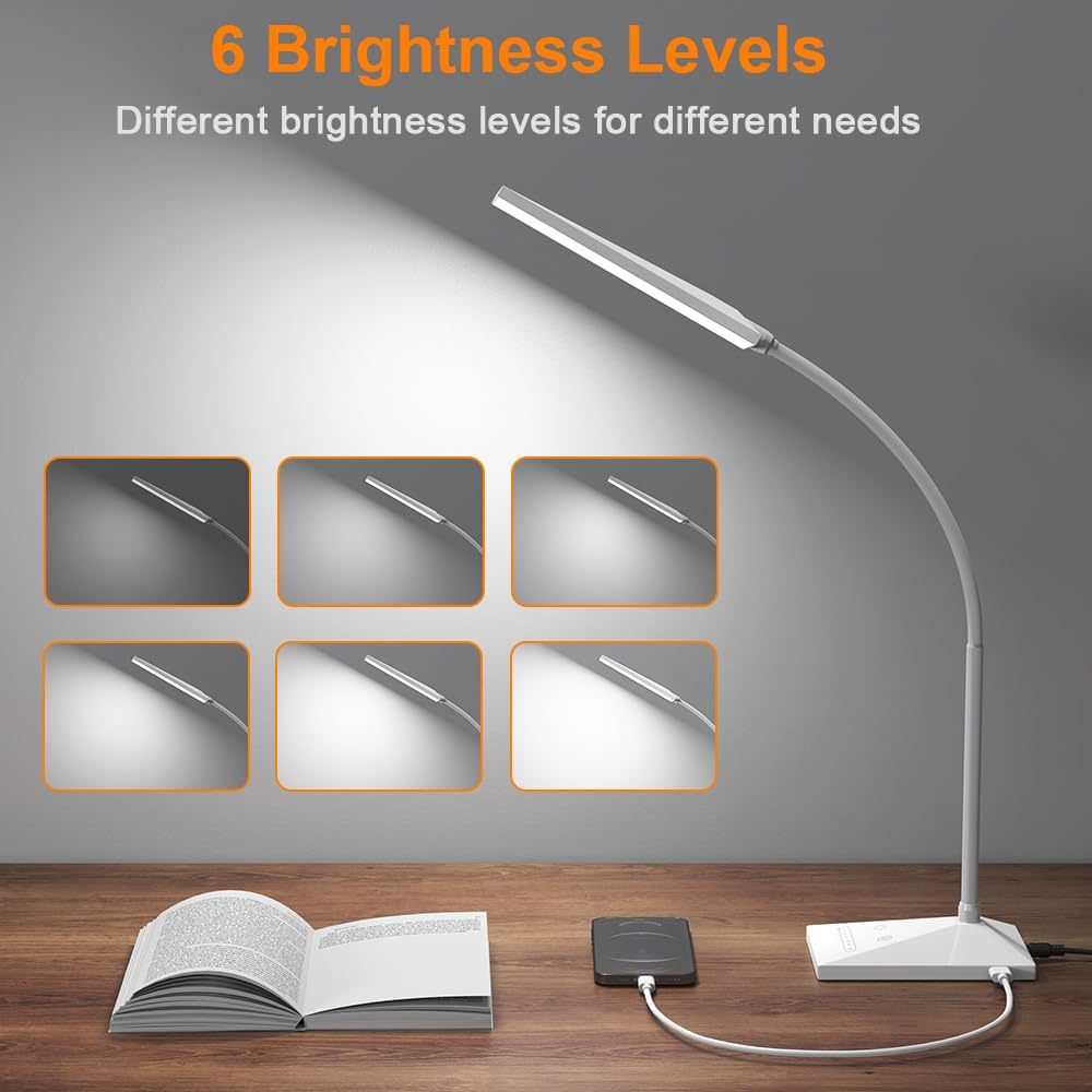 LED Desk Lamp with USB Charging Port, Eye-Caring, 5 Color Modes,6 Brightness Levels, Touch Control, Flexible Gooseneck, Memory Function for Dorm Office Work Bedroom