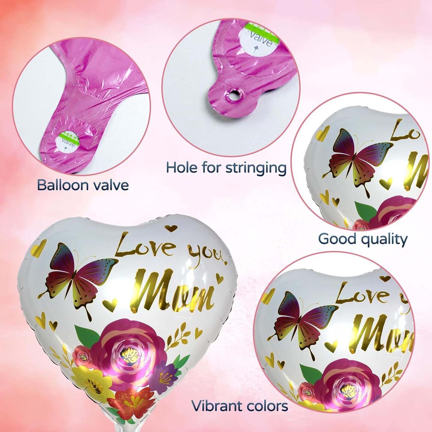 30 Pcs Happy Mother's Day Balloons Party Decorations, 18 Inch Heart Love You Mom Balloons, Colorful Mylar Foil Balloon with Ribbon for Mother Grandmother Birthday Supplies, Meaningful Mother's Day!