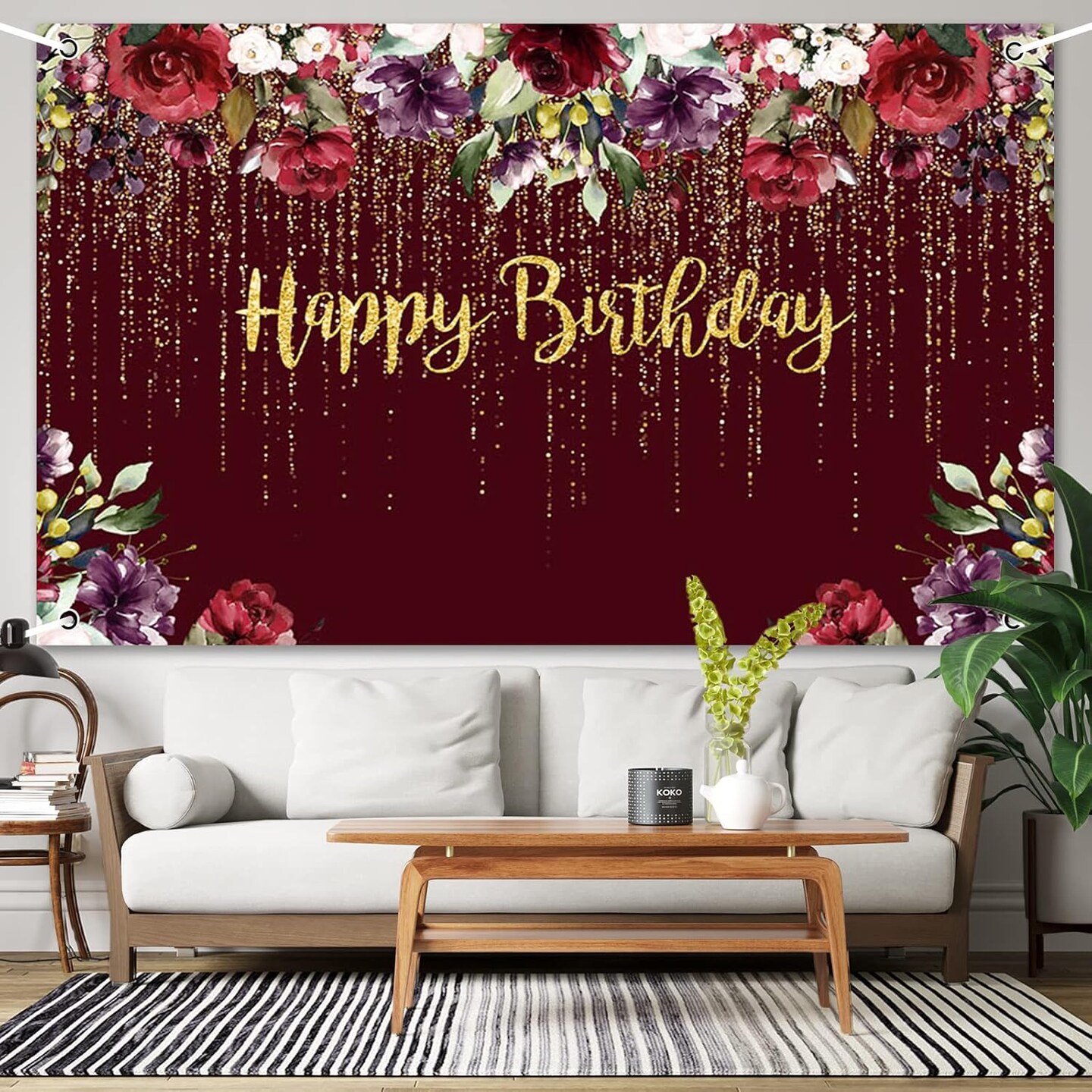 Happy Birthday Banner – Red Rose & Gold Glitter, 70.8×43.3in Party & Photo Booth Decor