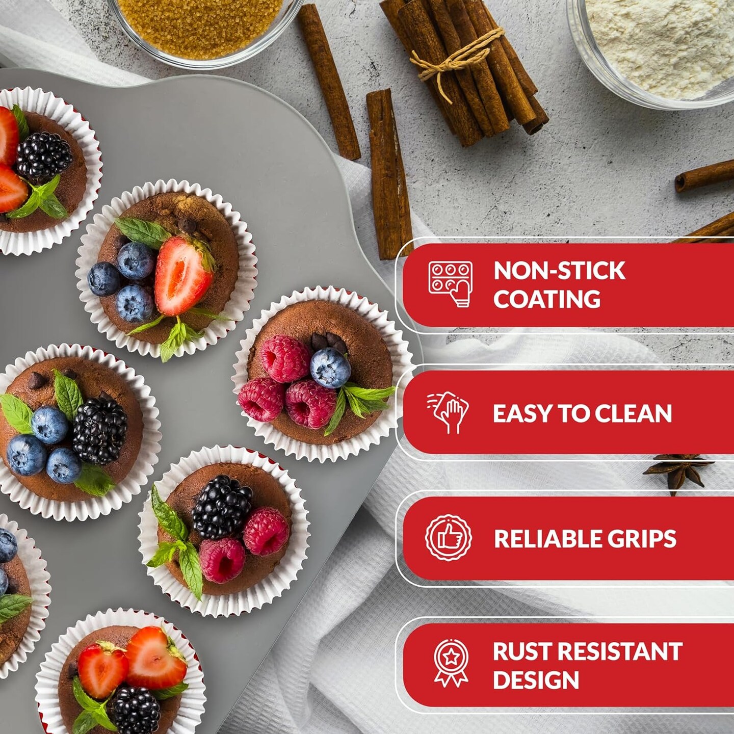 Non-Stick 12 Cup Silicone Muffin Pan With Steel Frame - BPA Free, Non-Toxic, Anti-Warp, Durable &#x26; Easy to Pop Silicone Muffin Tin - Perfect Cupcake Pan