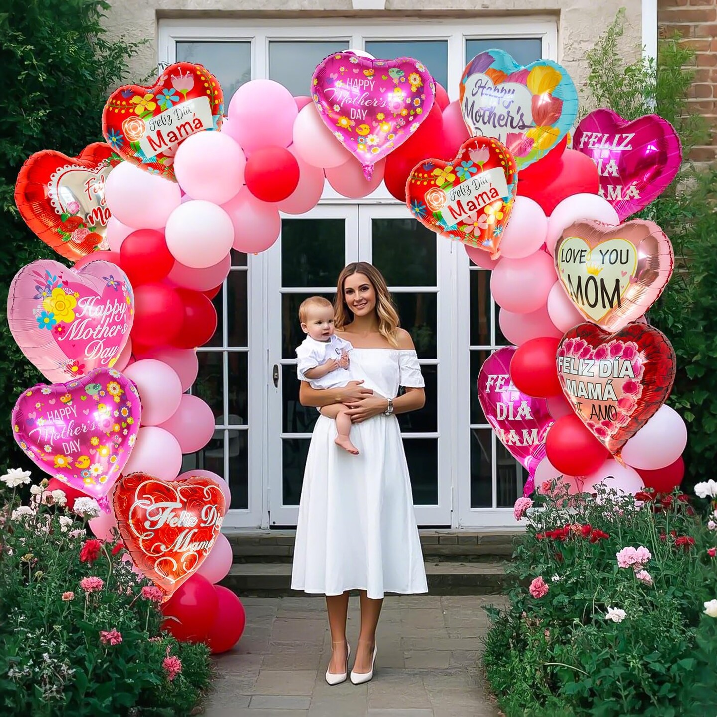 36Pcs Mother&#x27;s Day Balloons, Happy Mom Foil Mylar Day Balloons, Mama Red Heart Balloons for for Best Mom Ever Mom Birthday Party Decoration