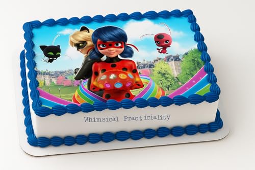 Miraculous Ladybug Cake Topper – Ladybug & Cat Noir with Tikki and Plagg Design fits 1/4 Sheet cake or larger
