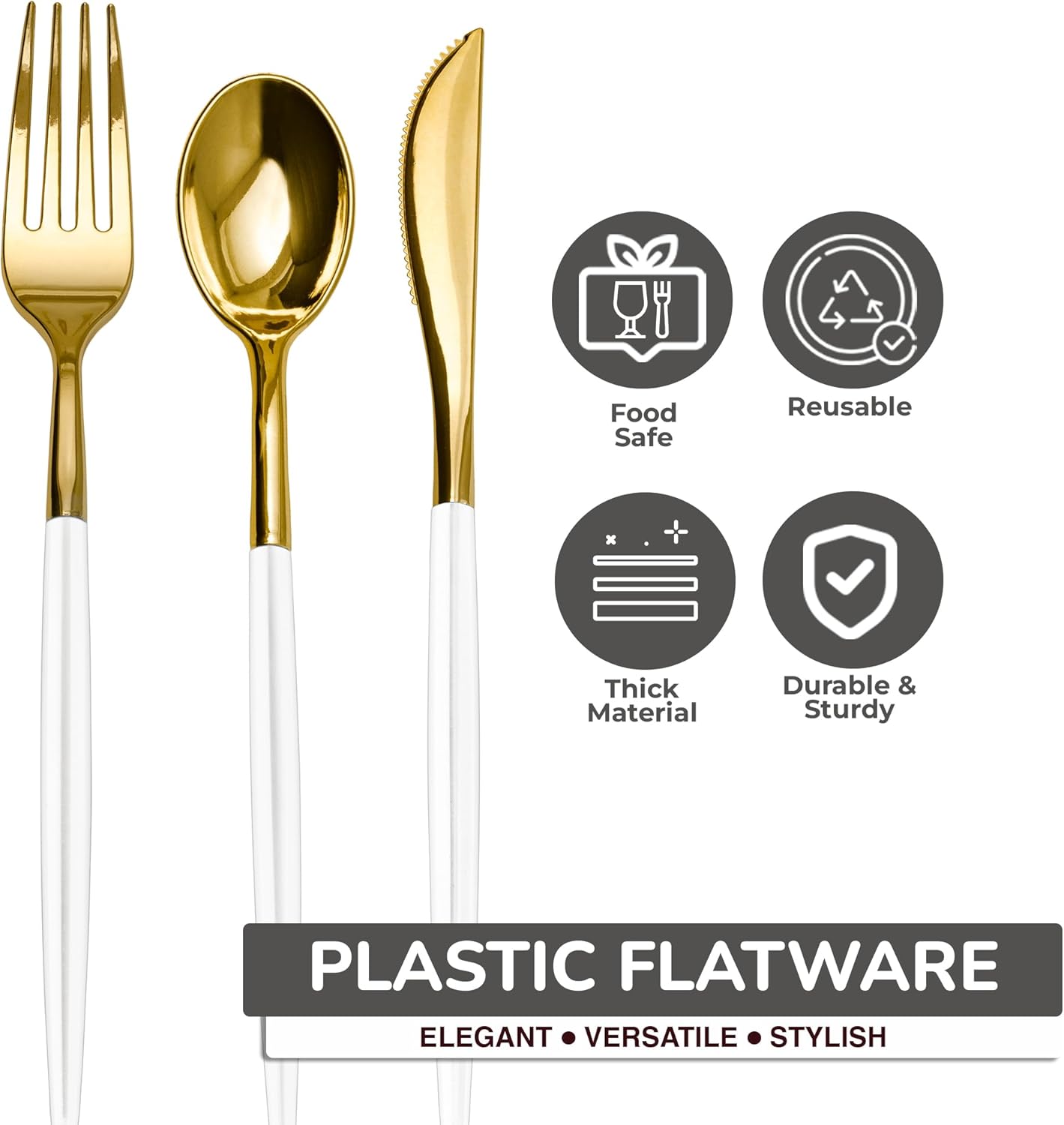 Trendables Disposable Silverware Set - Wedding Plastic Cutlery Dinnerware - Includes two toned Forks, Plastic Spoons, two colored Knives - reflective Plastic Utensils Party Set