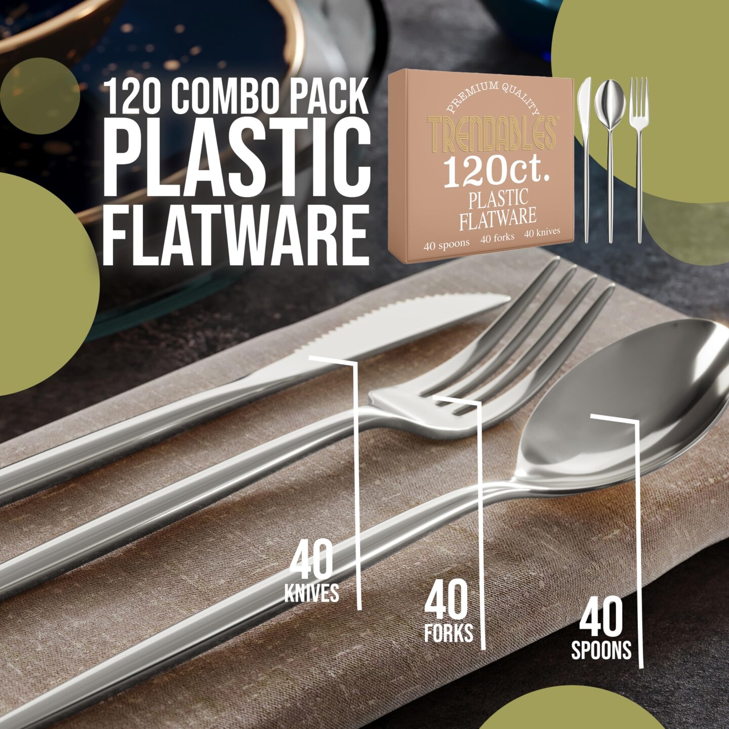 Trendables Disposable Silverware Set - Wedding Plastic Cutlery Dinnerware - Includes modern Forks, Plastic Spoons, disposable Knives - reflective Plastic Utensils Party Set