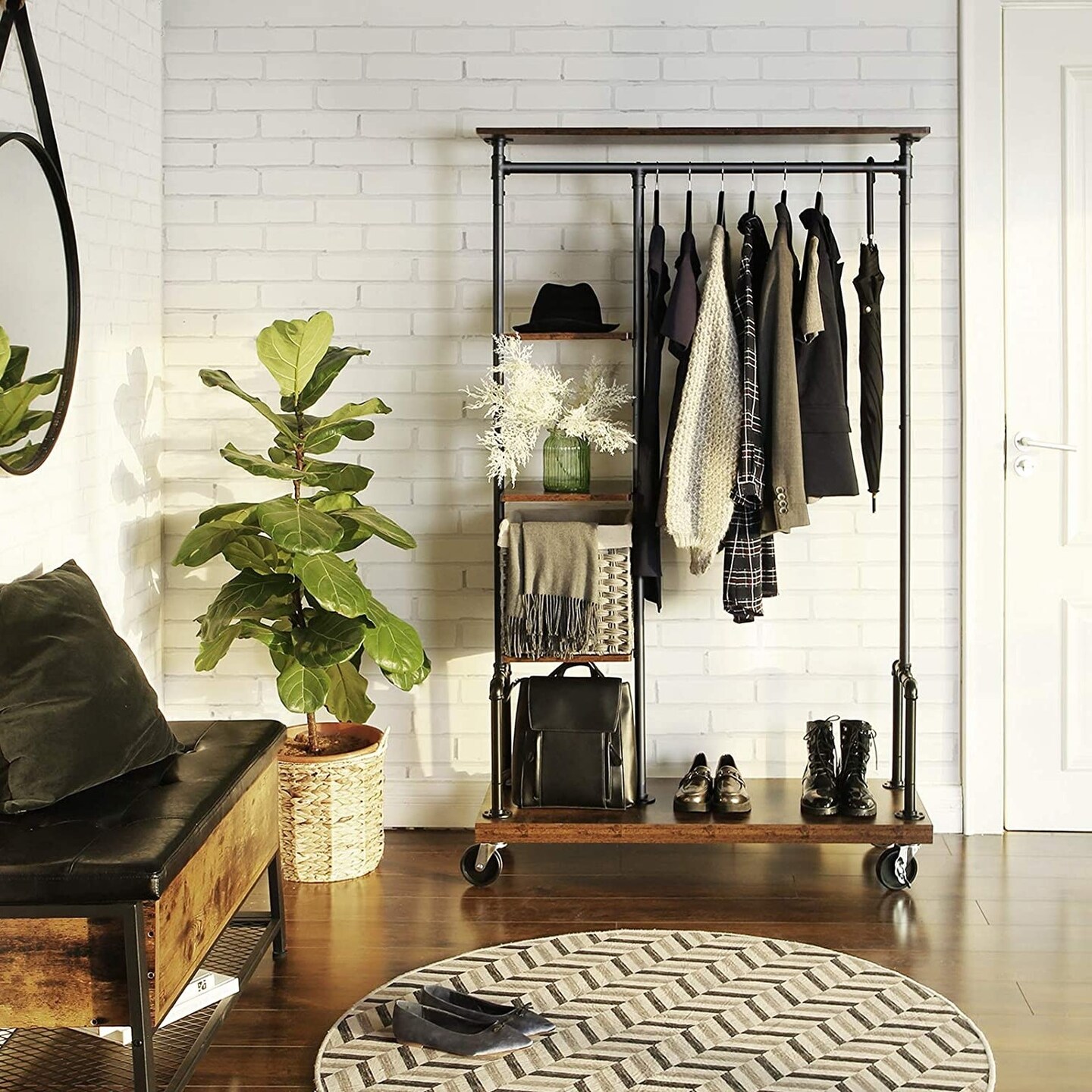 Rustic Brown Farmhouse 5 Tier Laundry Pipe Garment Rack with Wheels Industrial Storage Organizer