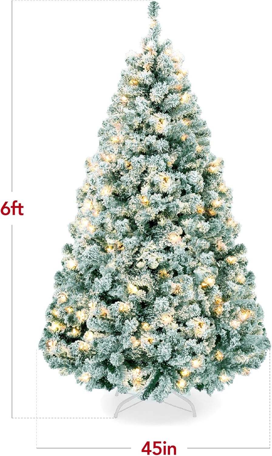 Snow Flocked Christmas Tree Full Pine with 250 White & Multicolor LED Lights, 928 Tips & Foot Switch Control