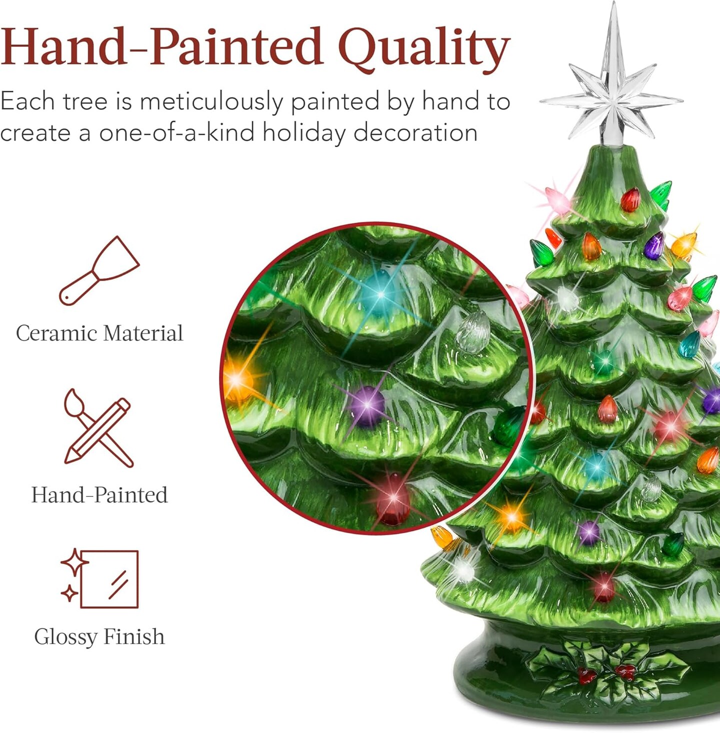 15in Ceramic Christmas Tree Pre-Lit Tabletop Holiday Tree with Star Topper and Multicolored Bulbs