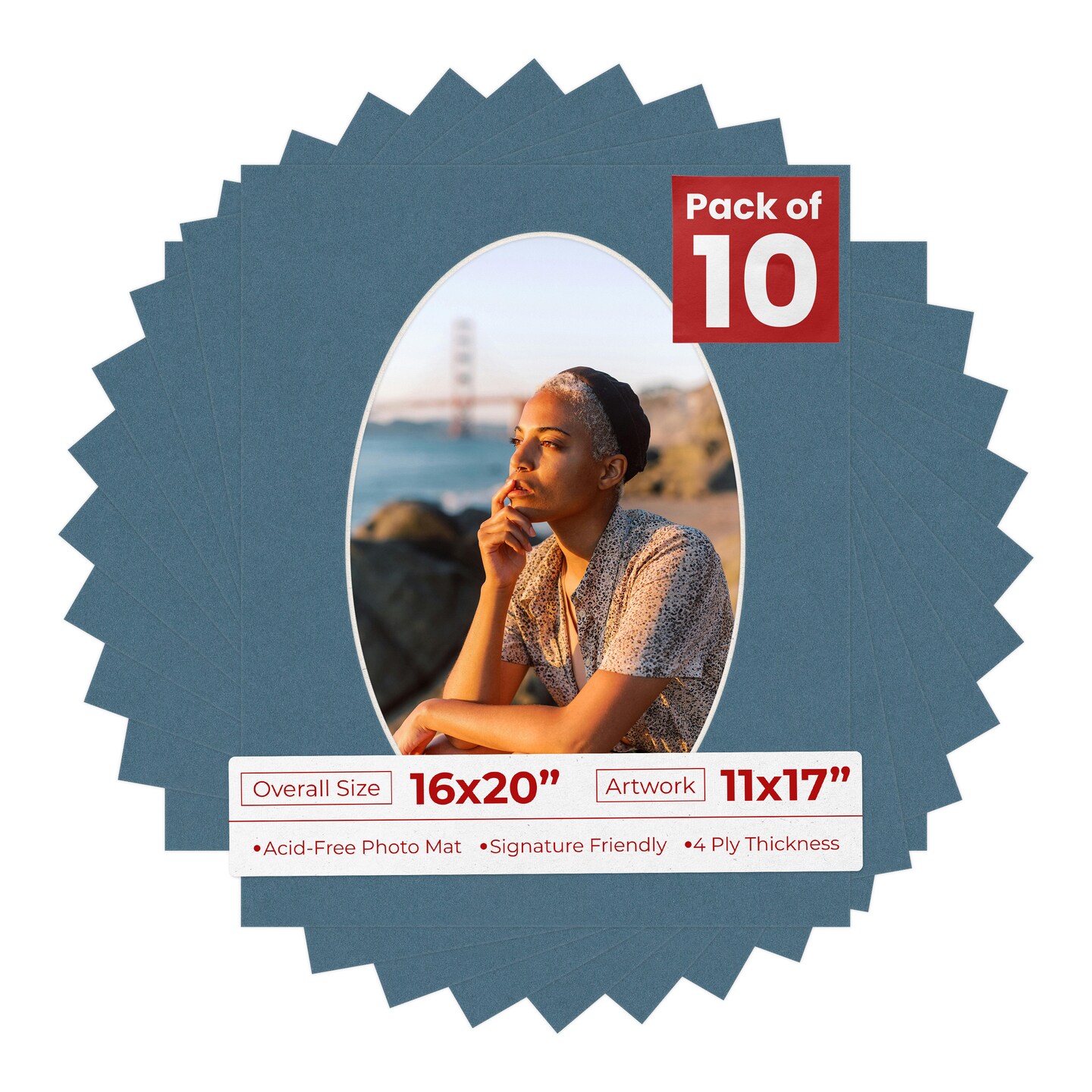 Steel Blue Mat Board for 16x20 Frames - Oval Opening for 11x17 Photos
