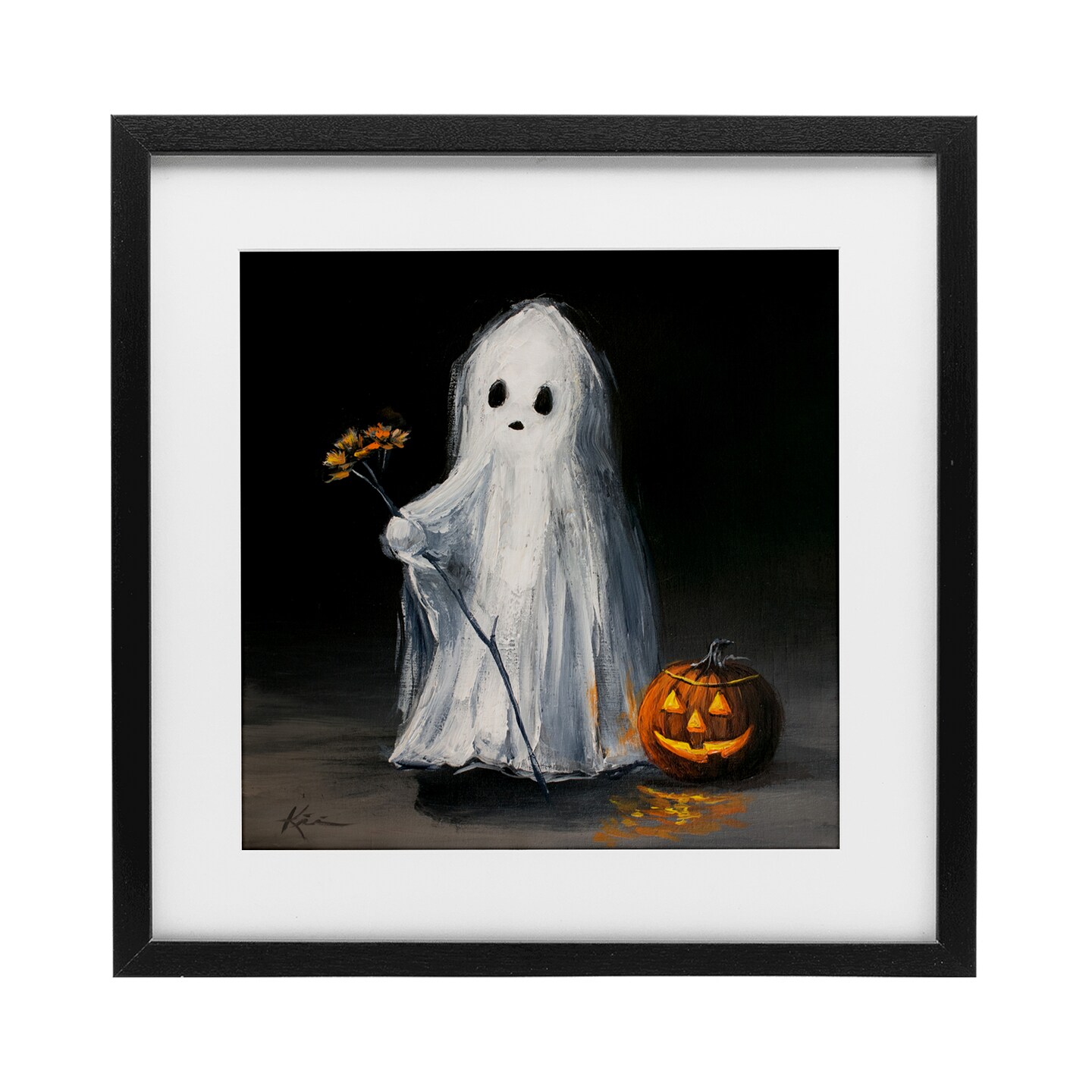 Vintage Halloween Ghost & Pumpkin Framed Print Under Glass Art