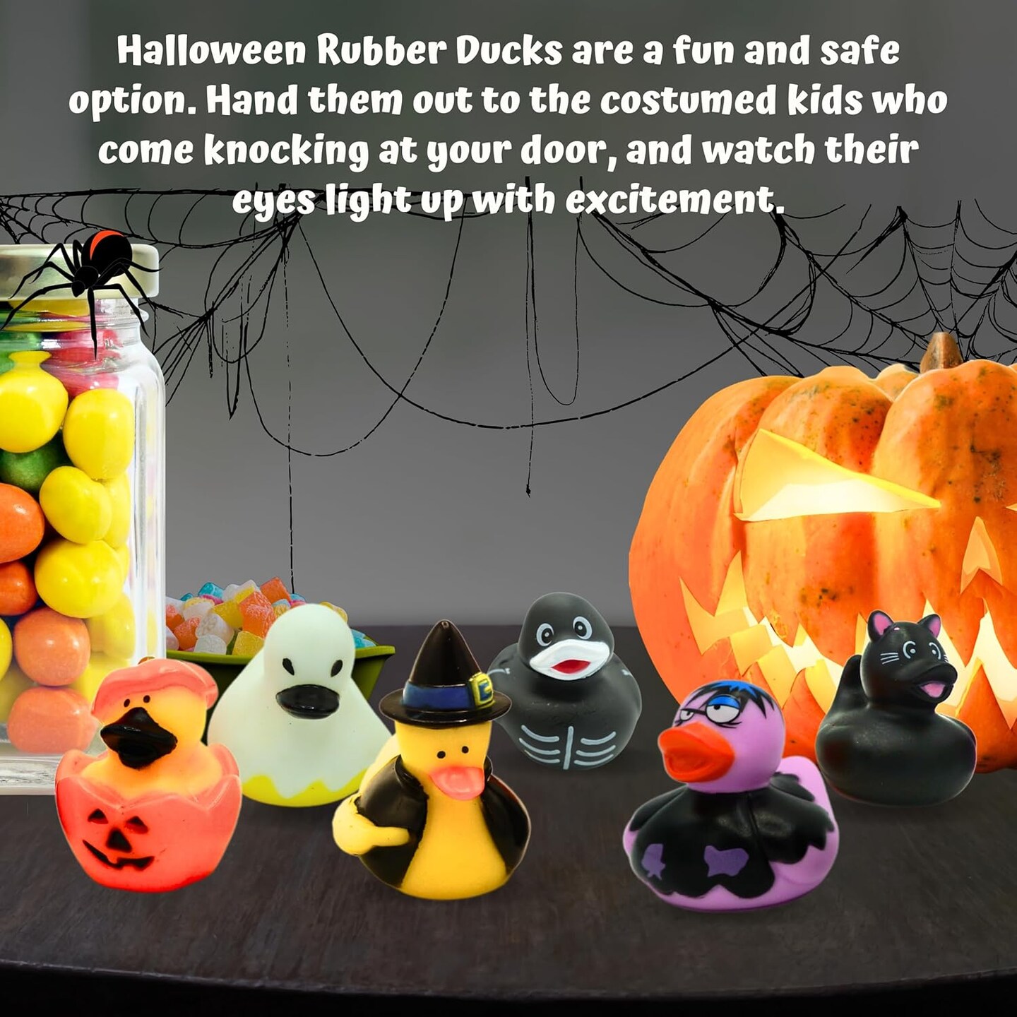 4E's Novelty Halloween Rubber Ducks Bulk 24 Pack – 6 Designs Pumpkin, Cat, Zombie, Witch, Skeleton & Ghost – 2.5" Halloween Party Favors, Goodie Bag Fillers, Jeep Ducking, Trick or Treat Toys