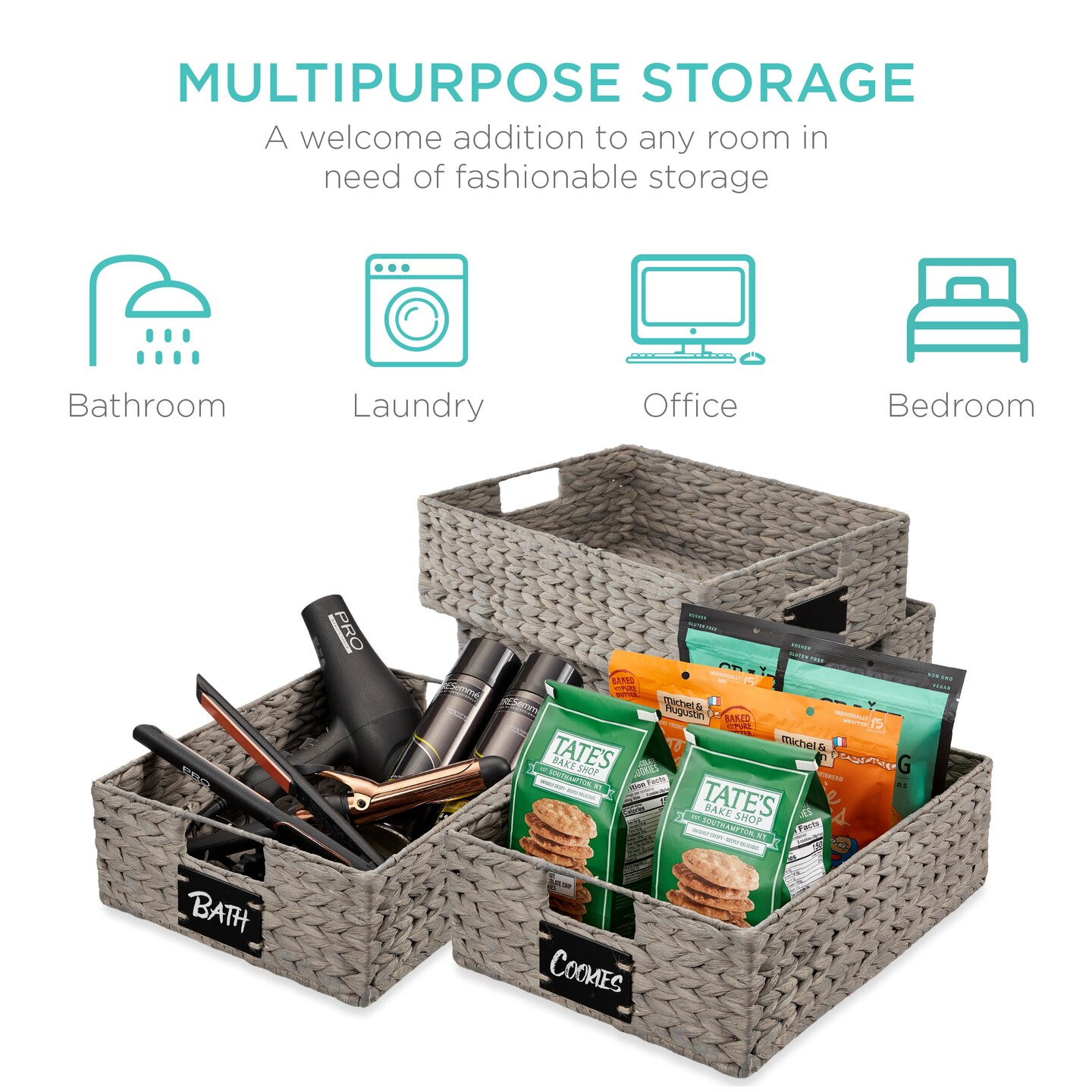 Best Choice Products Set of 4 16x12in Woven Water Hyacinth Pantry Baskets w/ Chalkboard Label, Chalk Marker