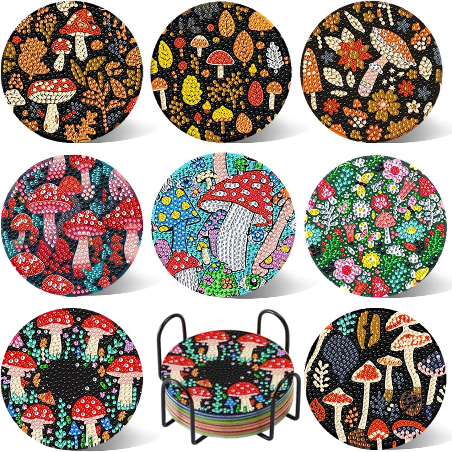 8PCS - Mushroom Diamond Art Coasters Small Diamond Painting Kits for Adults