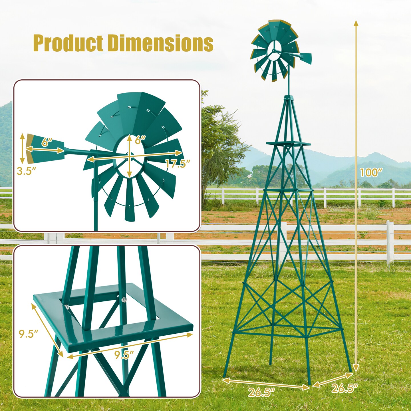 Sturdy 8 Feet Metal Windmill Outdoor Garden Decoration with Rotating Blades