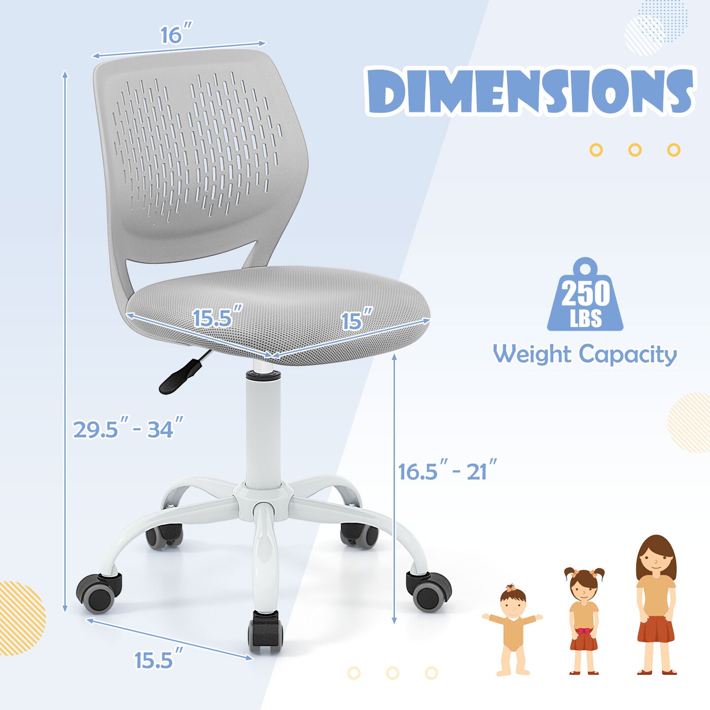 Kids Ergonomic Study Desk Chair with Adjustable Height and PU Rolling Casters