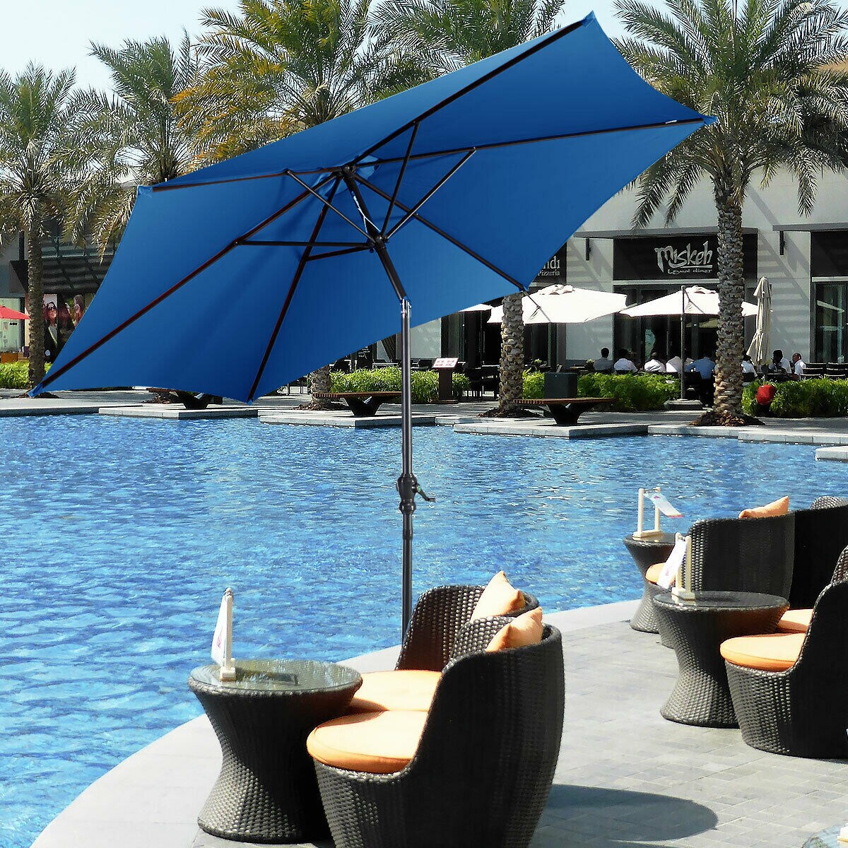 9 Ft Blue Patio Umbrella with Crank Tilt Adjustable Pole Steel Frame Outdoor Sun Shade