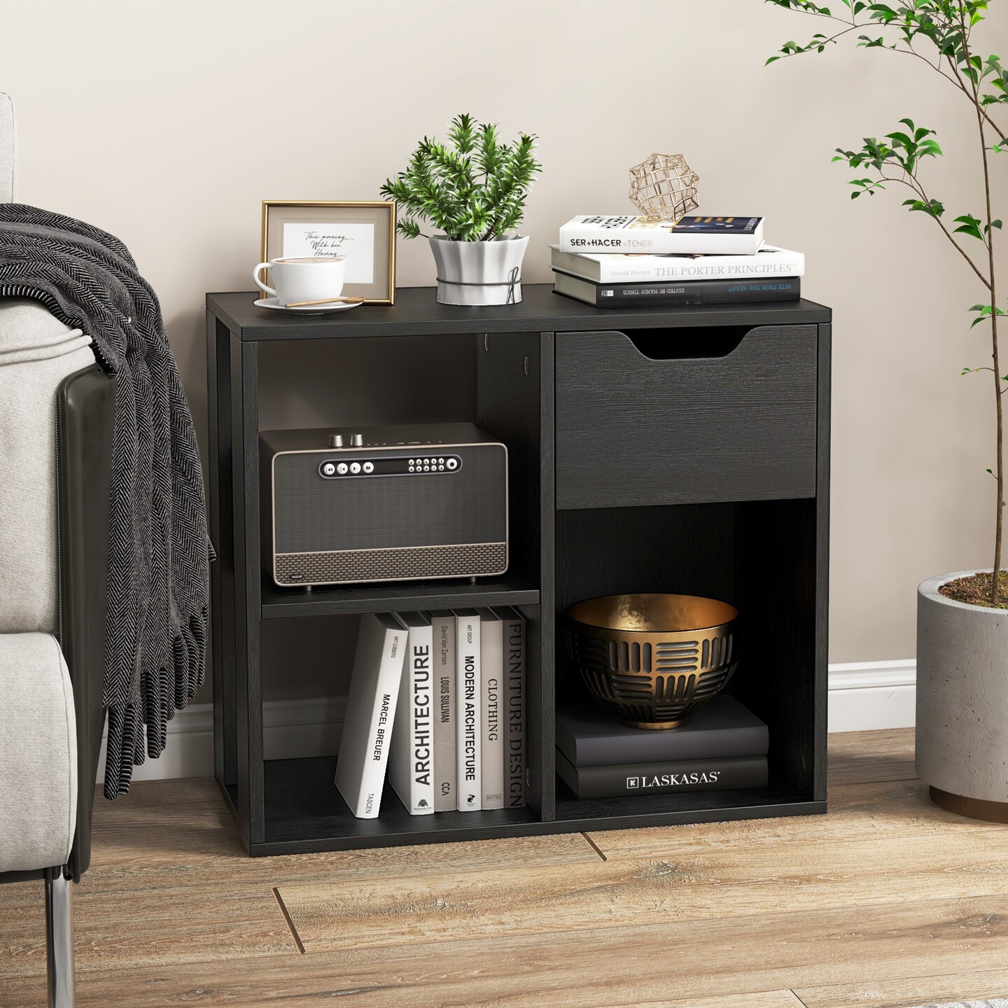Modern Wood Bookcase with Drawer for Living Room and Study