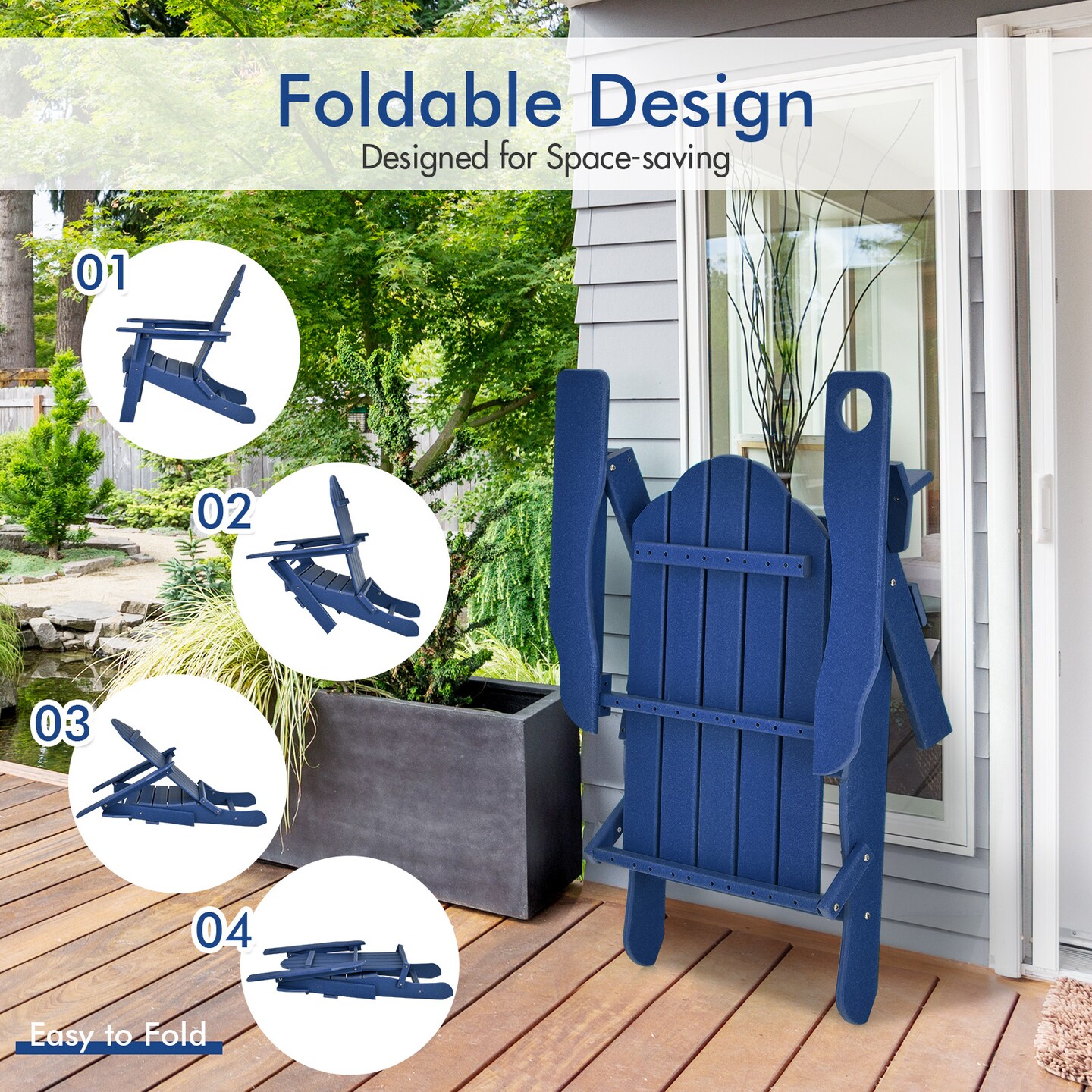Foldable PE Weather-Resistant Adirondack Chair with Triangular Support for Garden and Patio