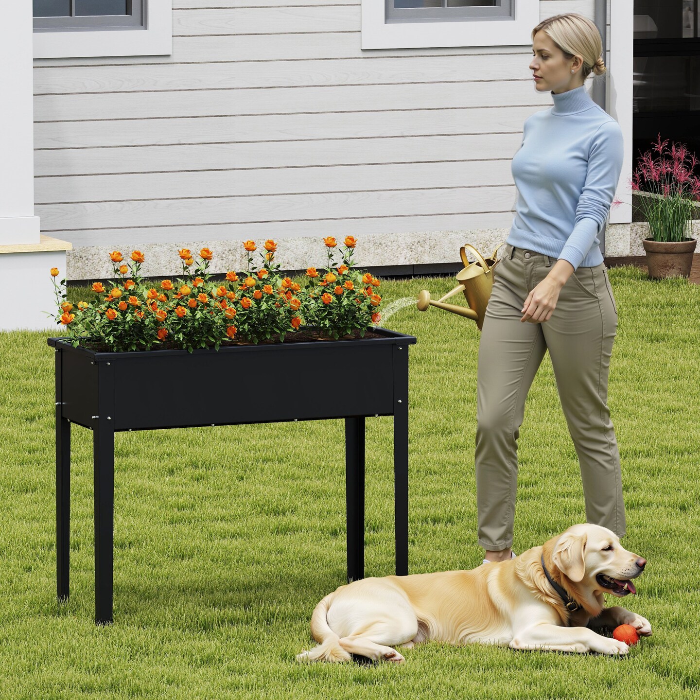 Black Outdoor Raised Garden Bed with Sturdy Metal Frame and Built-in Drainage Hole and Anti-Slip Pads