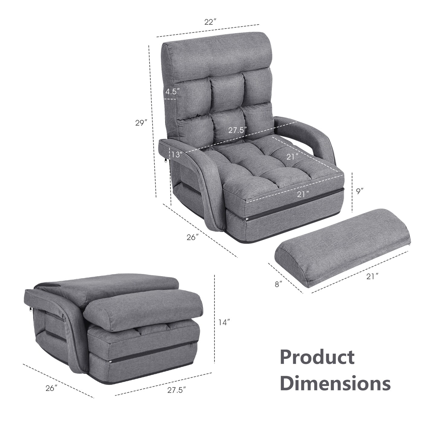Folding Floor Chair with Adjustable Backrest Armrests and Lumbar Pillow